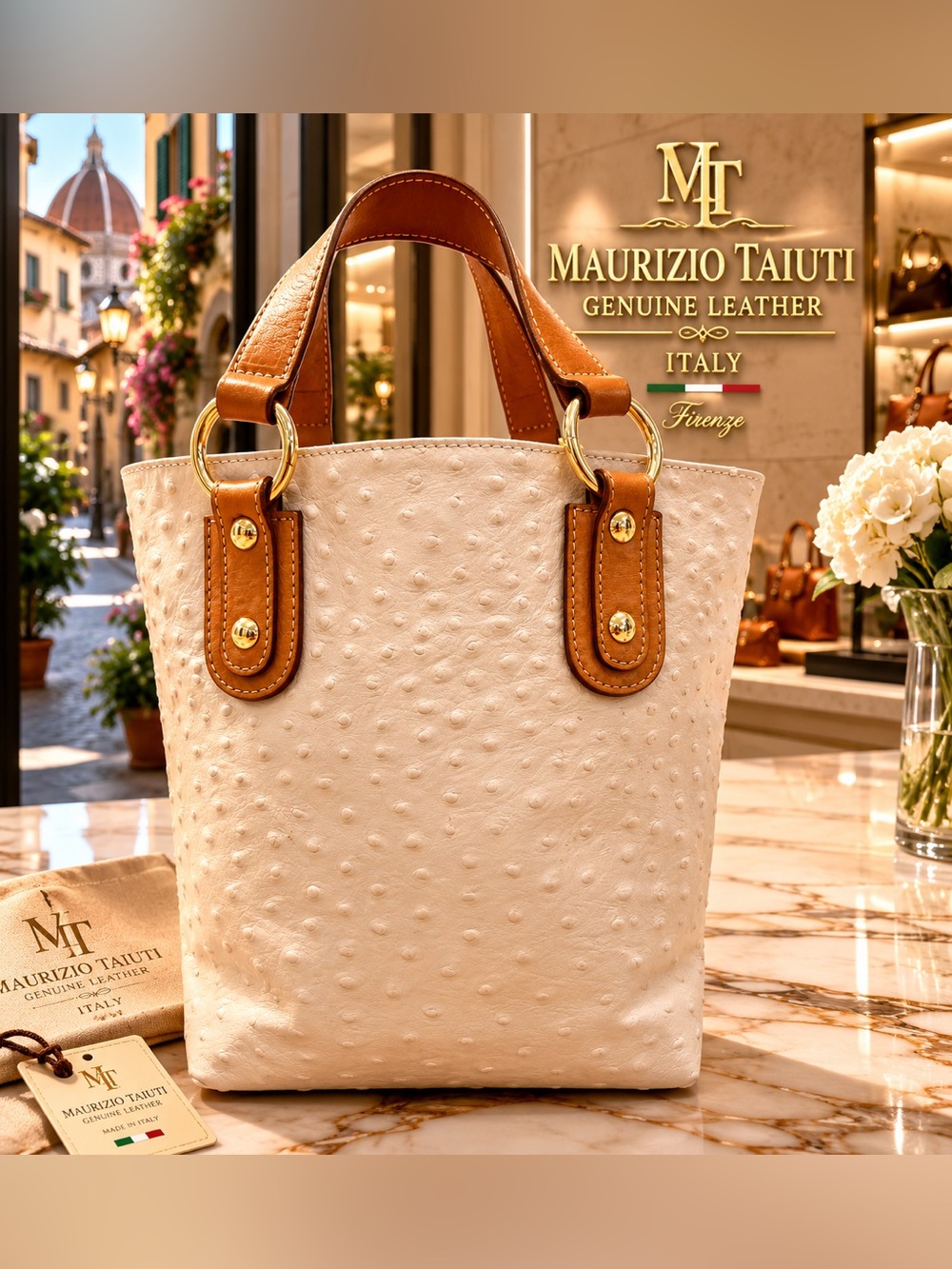 MAURIZIO TAIUTI Genuine Italian Leather  Mini Tote Cream Ostrich-Embossed GUC